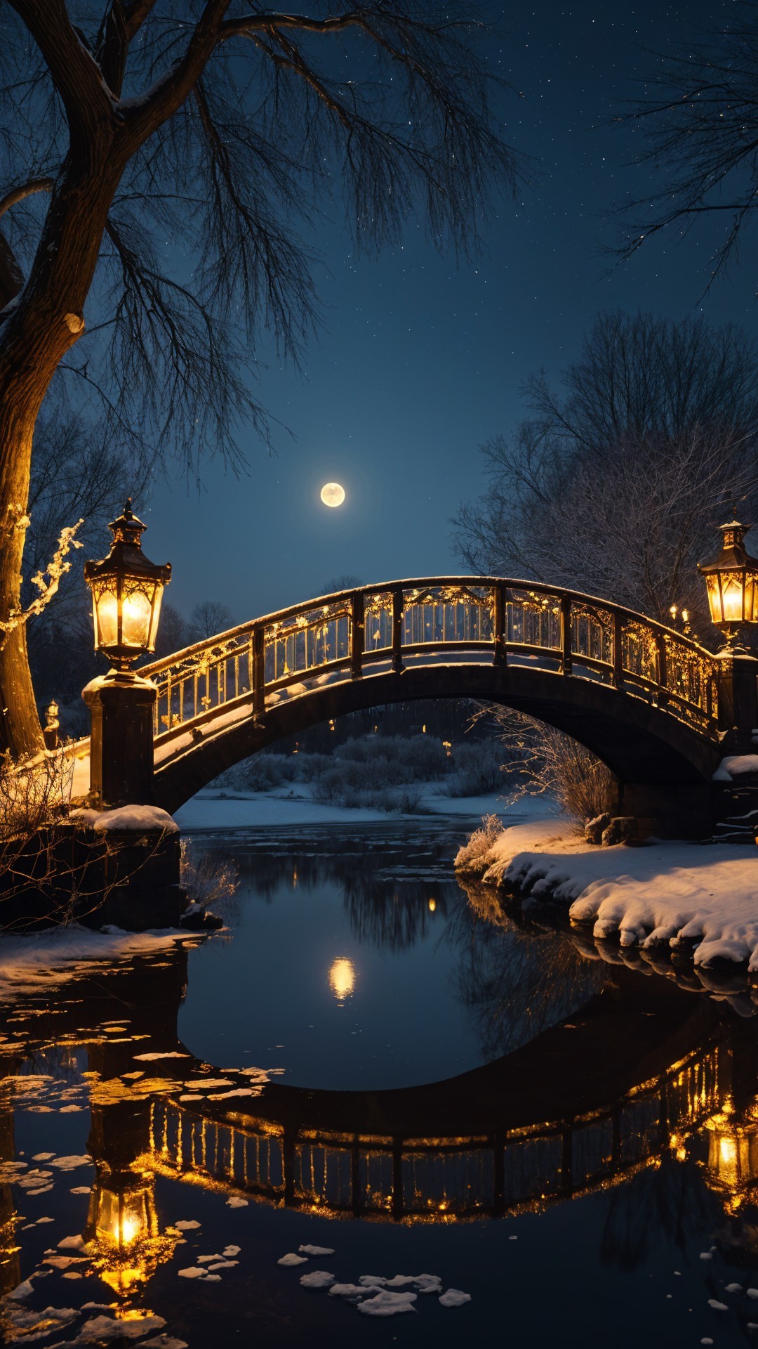 Illuminated Bridge Over a Reflective Winter River