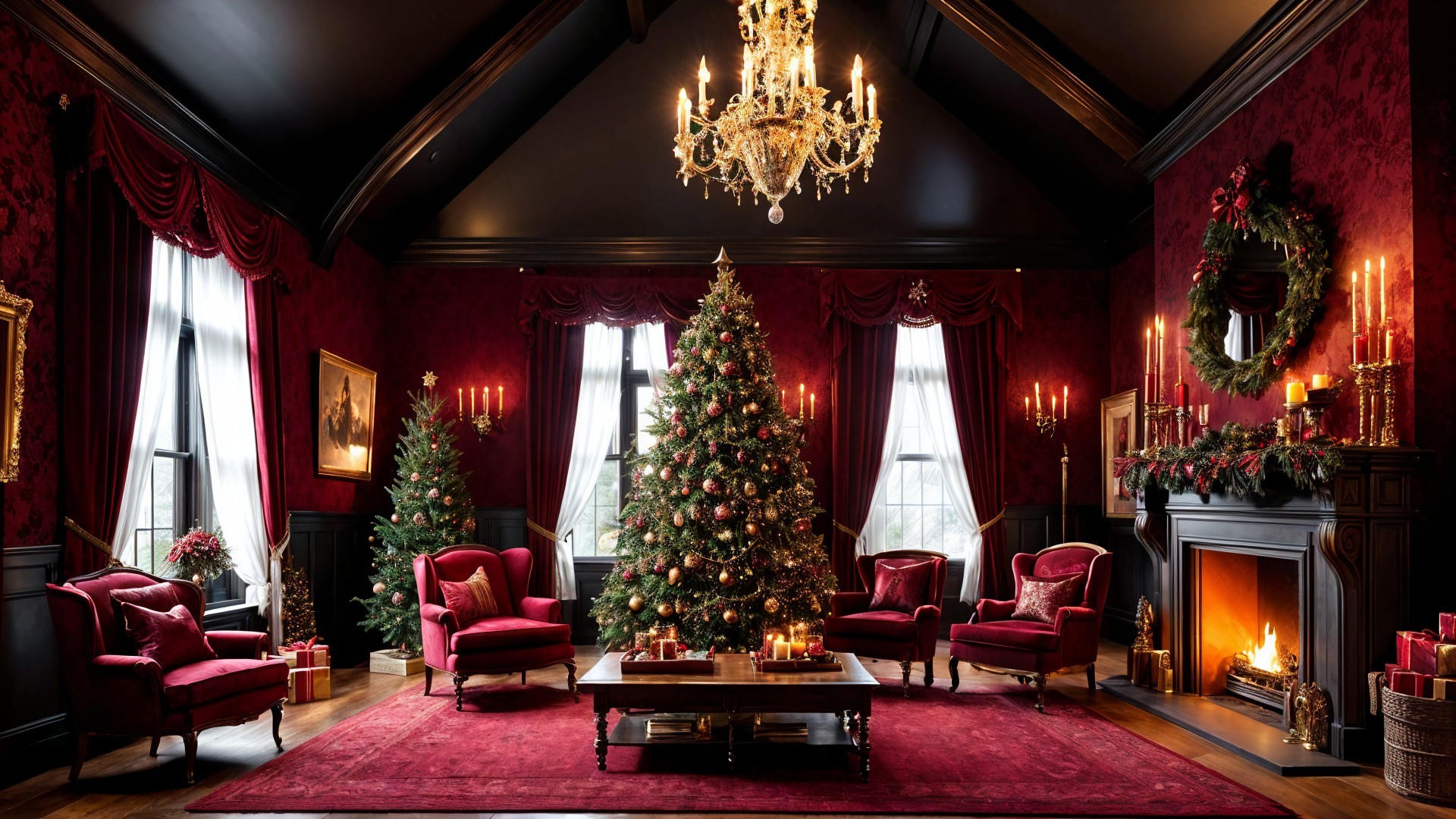 Elegant Christmas Room with Dark Red Walls and Decor