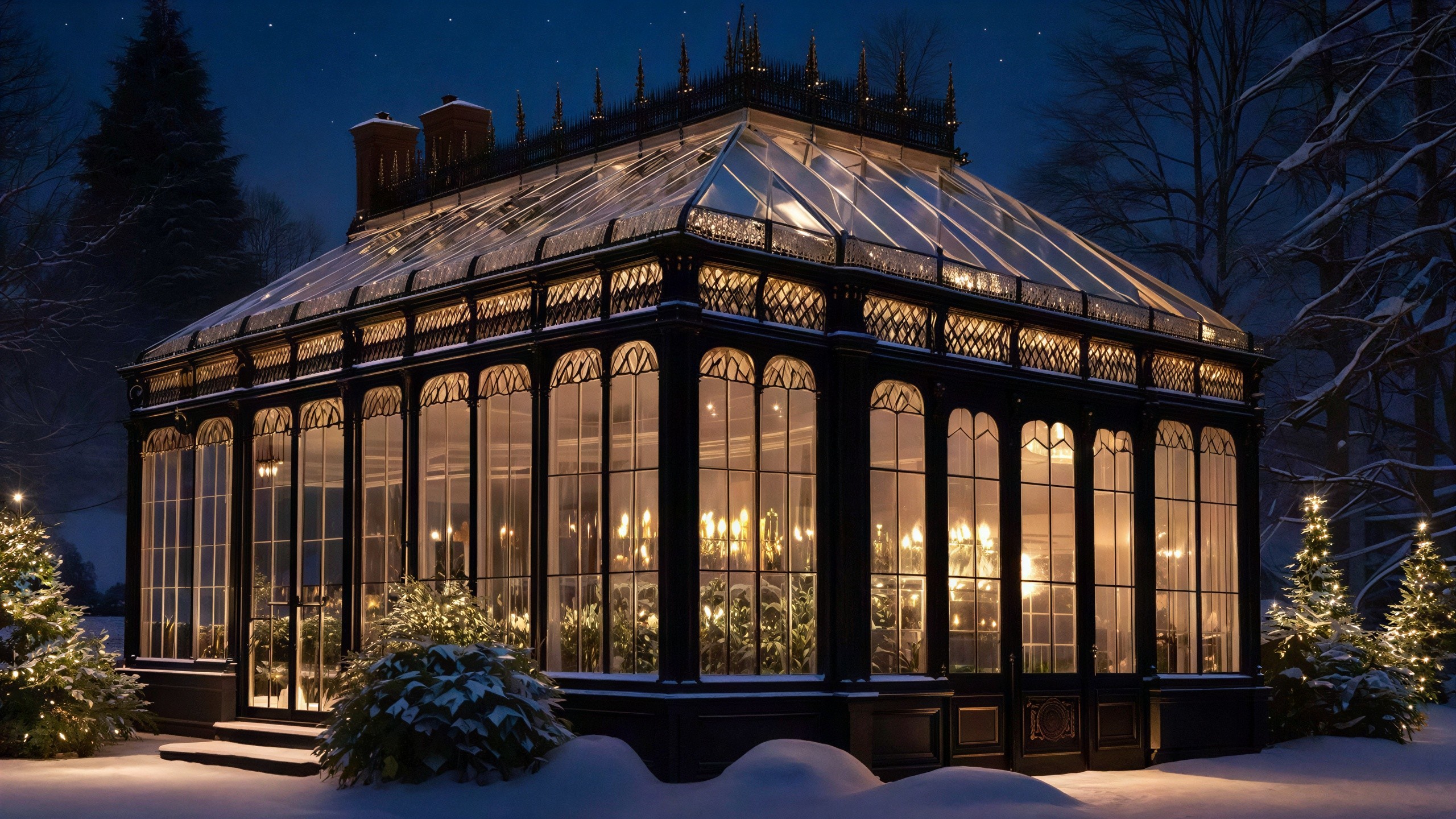 Elegant Greenhouse in Snowy Winter Garden Scene