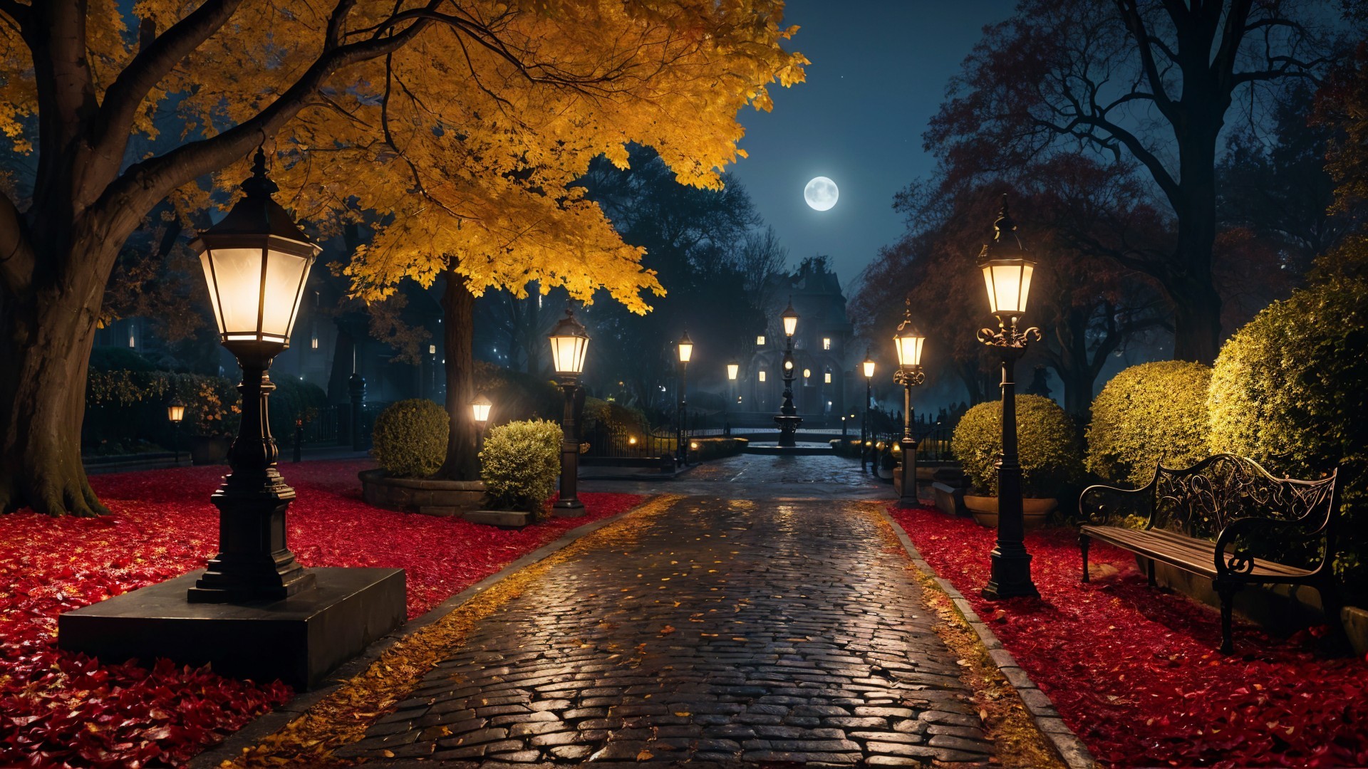 Serene Park Evening with Vintage Streetlamps and Autumn Leaves