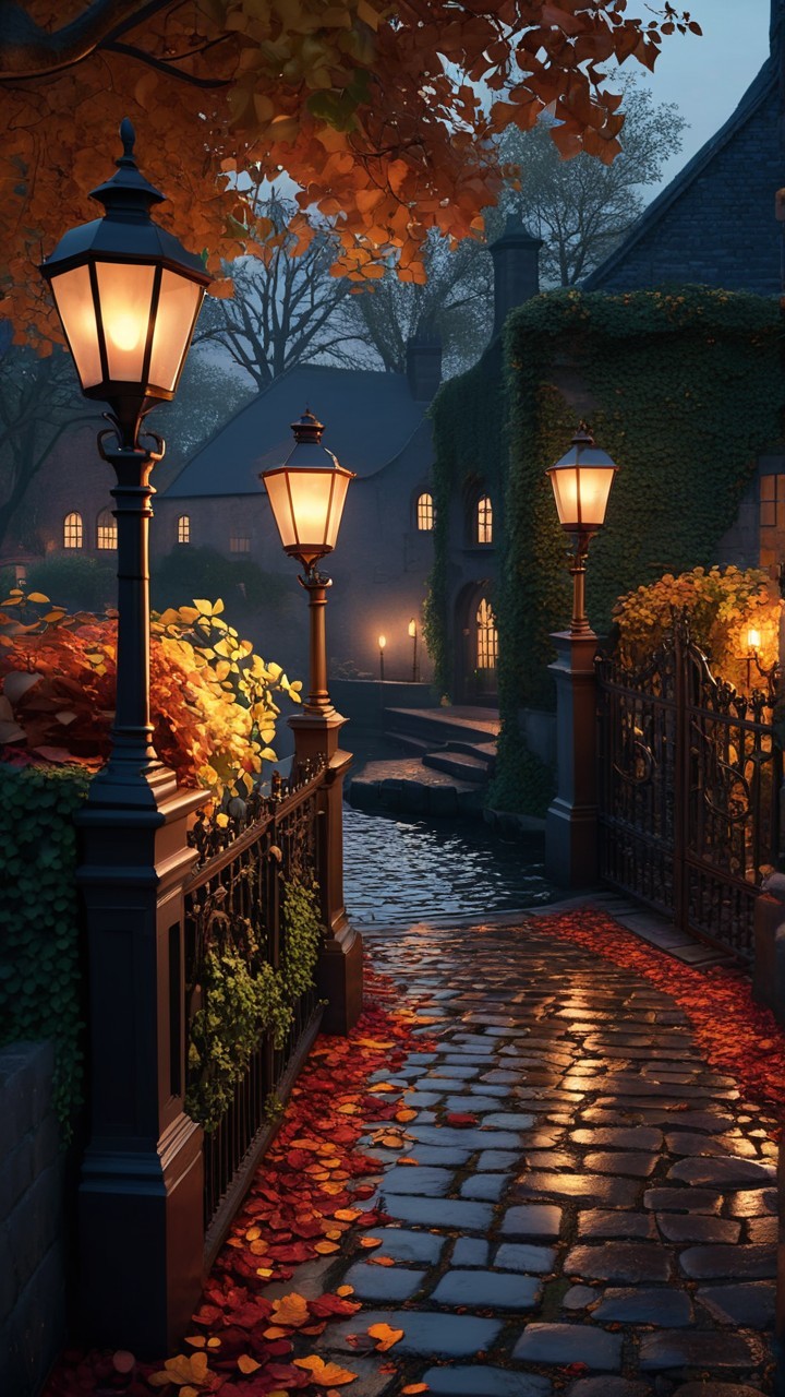 Serene Cobblestone Pathway with Autumn Leaves and Lamps