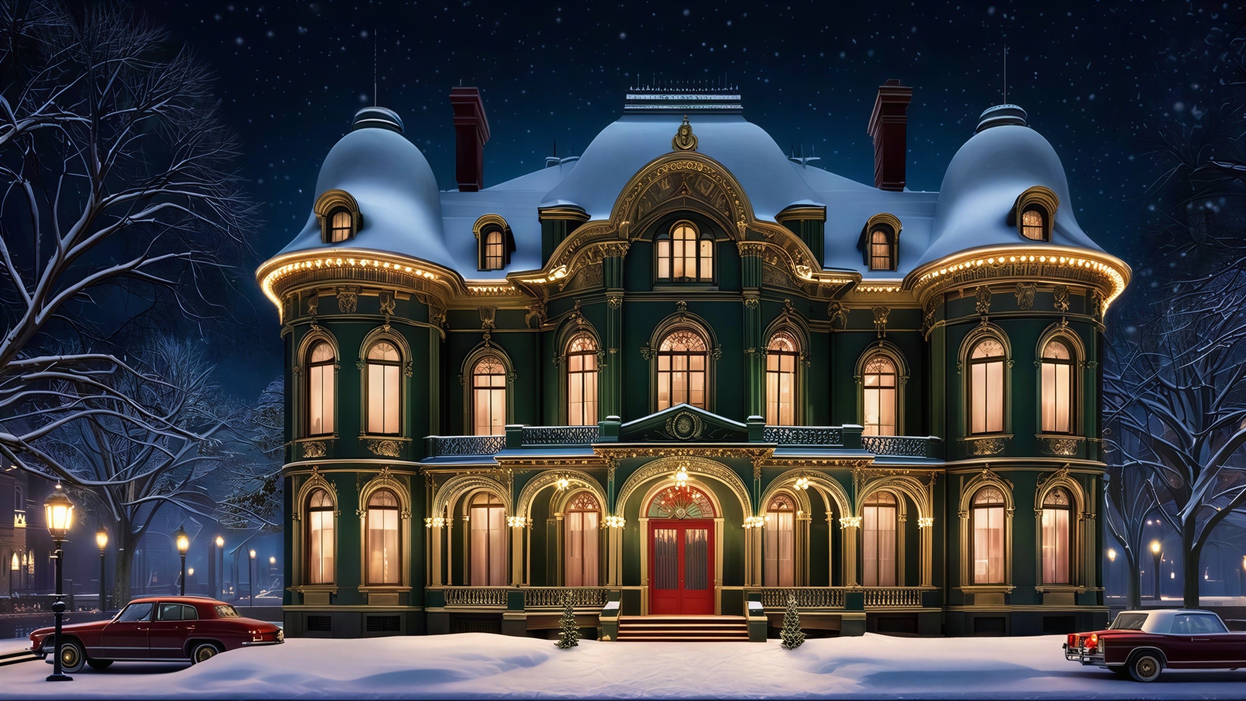 Victorian Mansion in Emerald Green Amidst Snowy Landscape