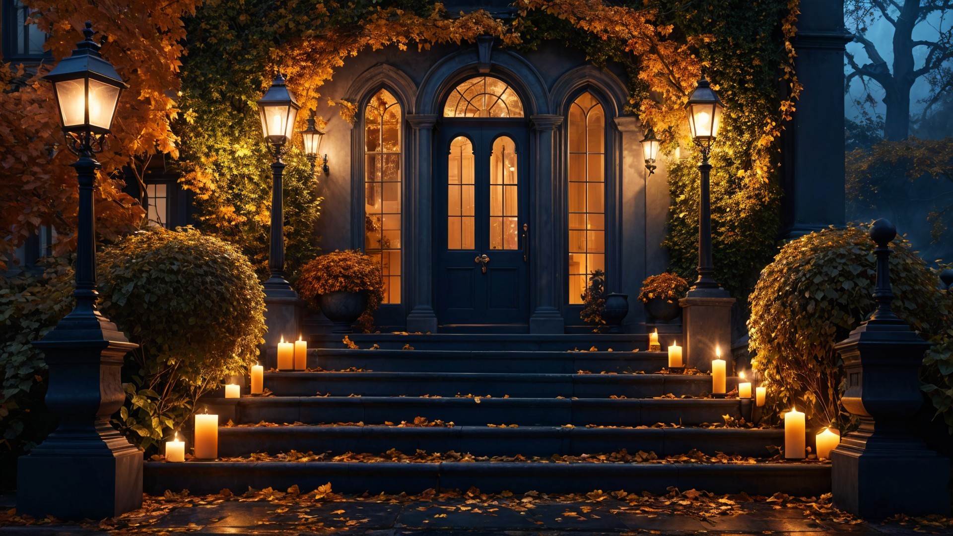 Charming Autumn Entrance with Ivy and Candlelight