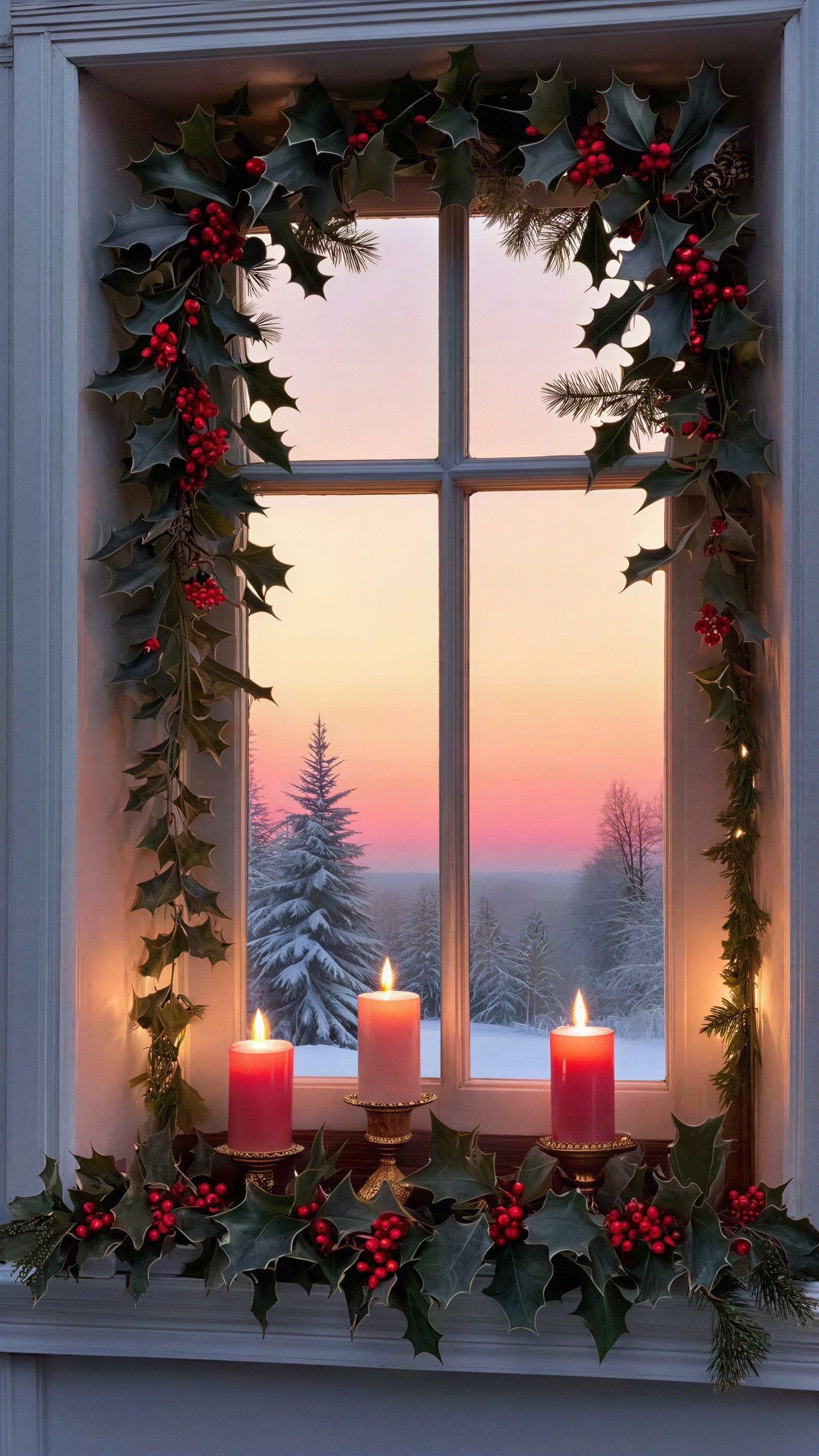 Cozy Window Scene with Candles and Snowy Forest
