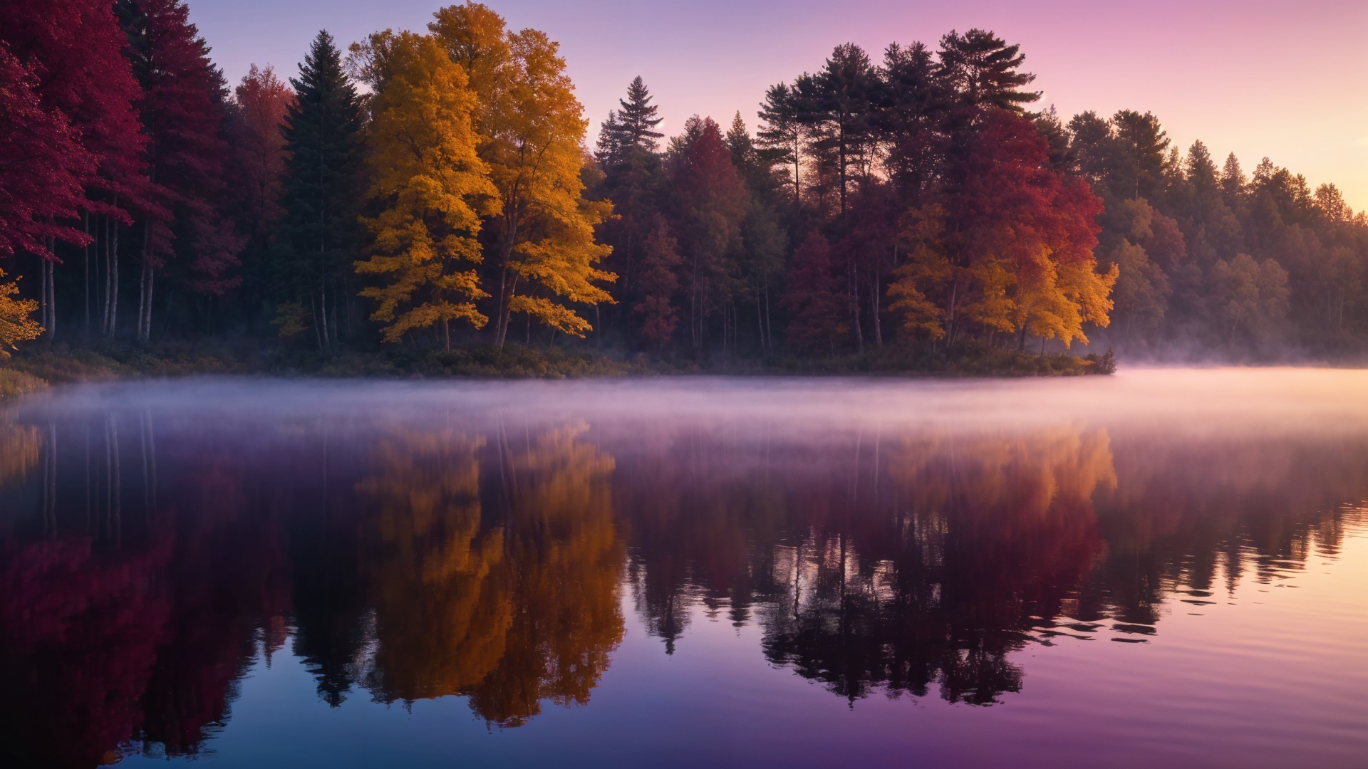 Autumn Landscape with Calm Lake and Misty Dawn