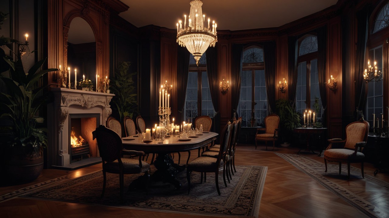 Luxurious Dark Dining Room with Candlelit Ambiance