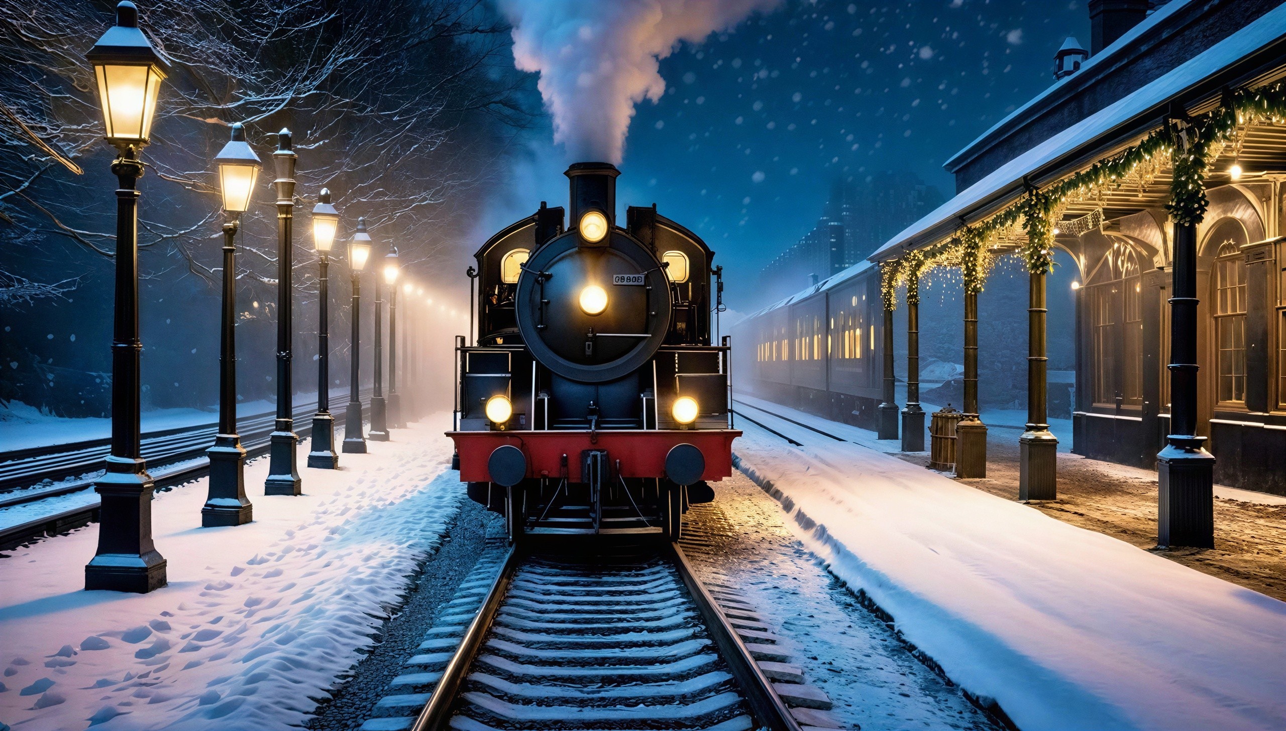 Vintage steam train at snowy decorated station at night