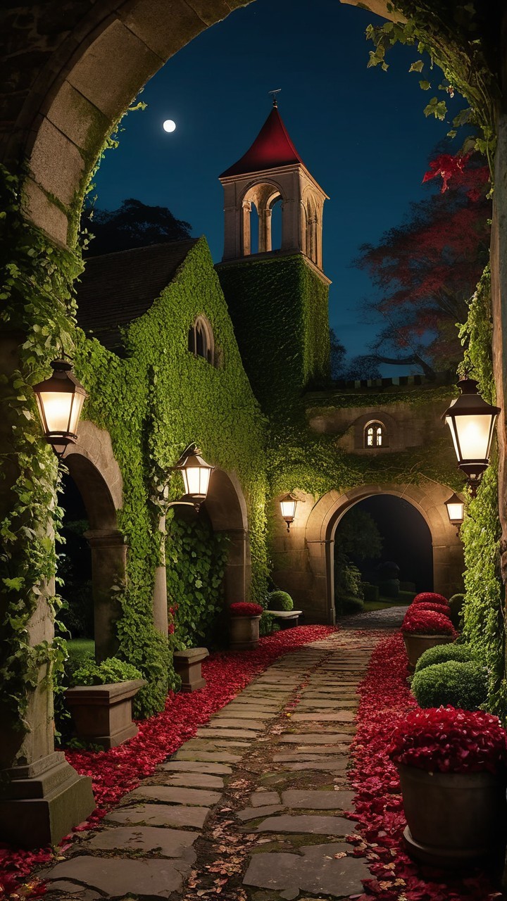 Serene Nighttime Scene with Stone Archway and Lanterns