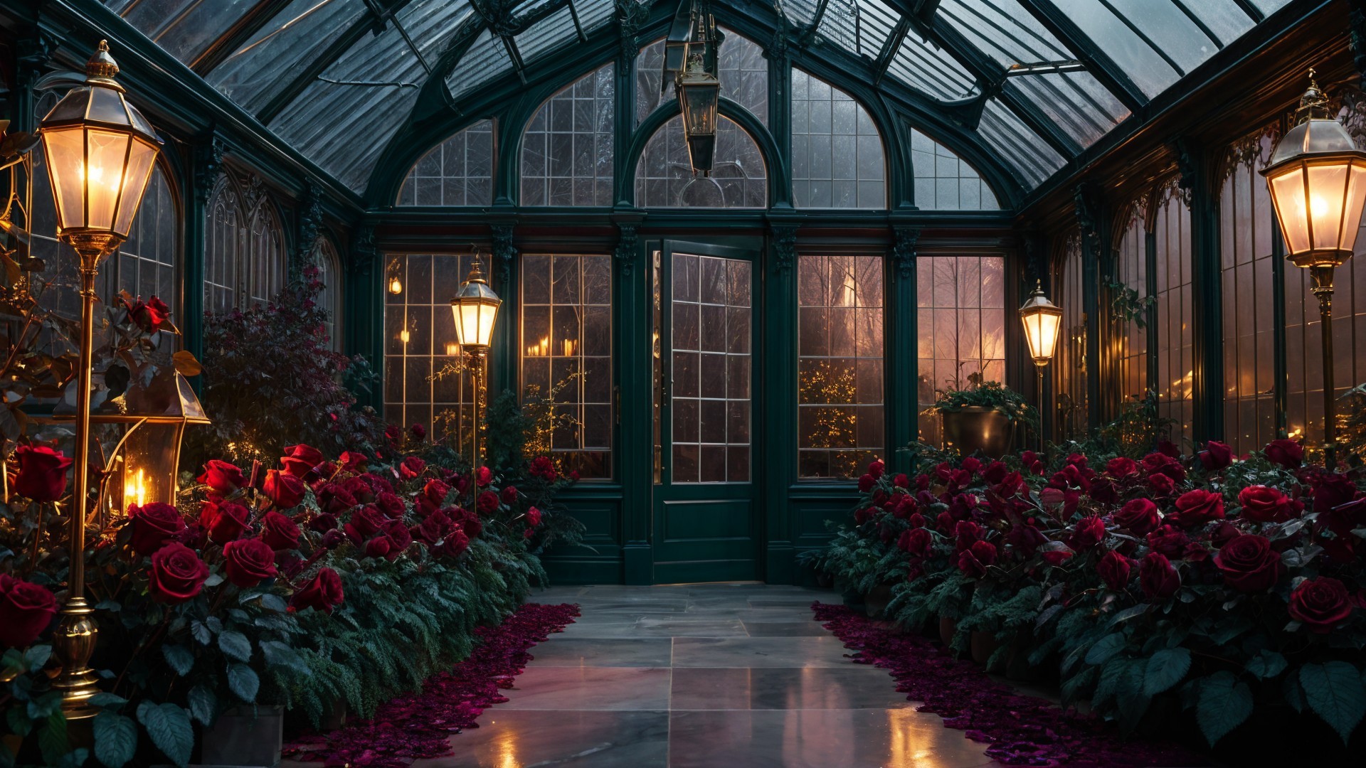 Illuminated Greenhouse with Glass Walls and Roses