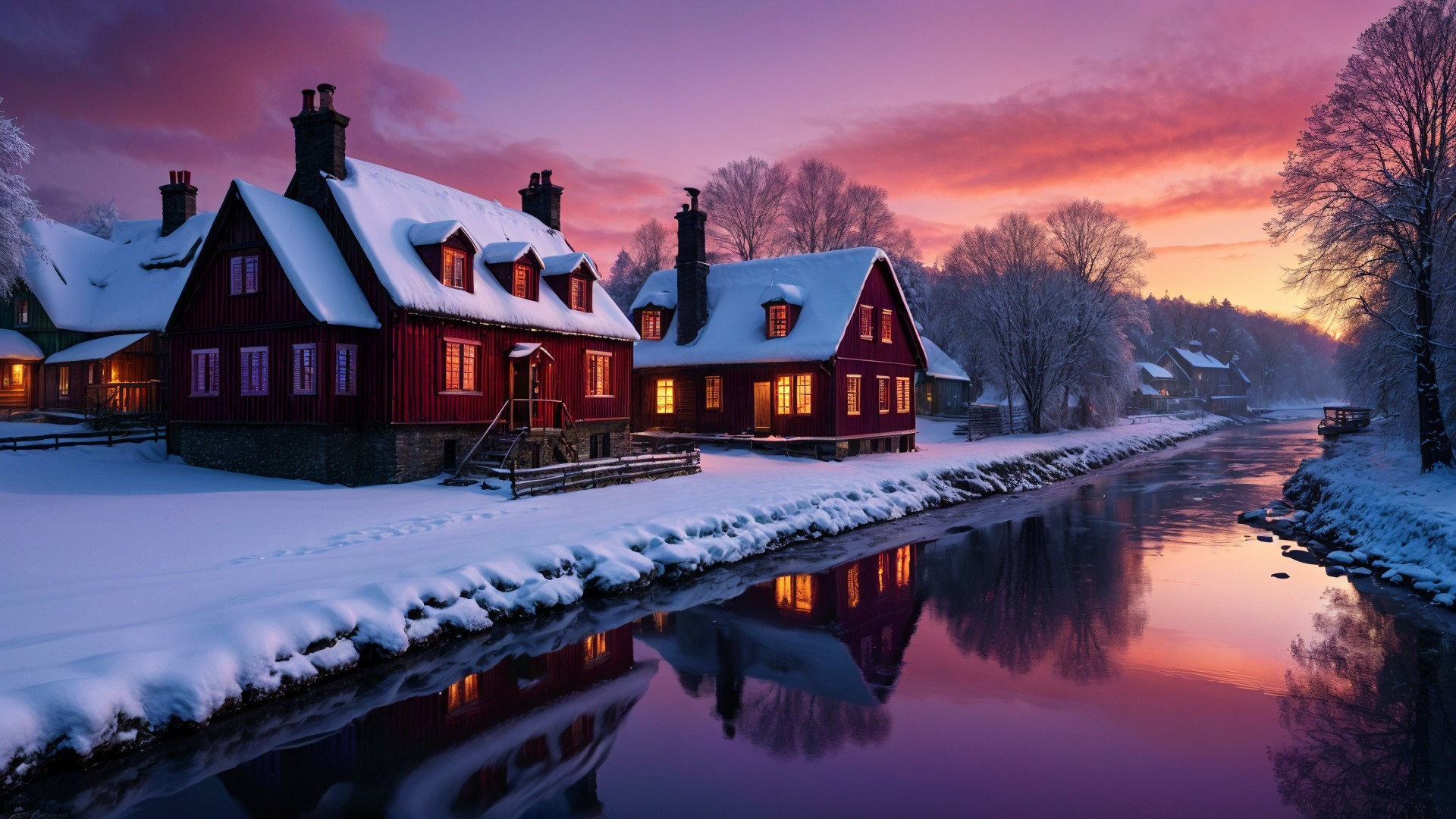 Winter Landscape with Snowy Cottages and Canal