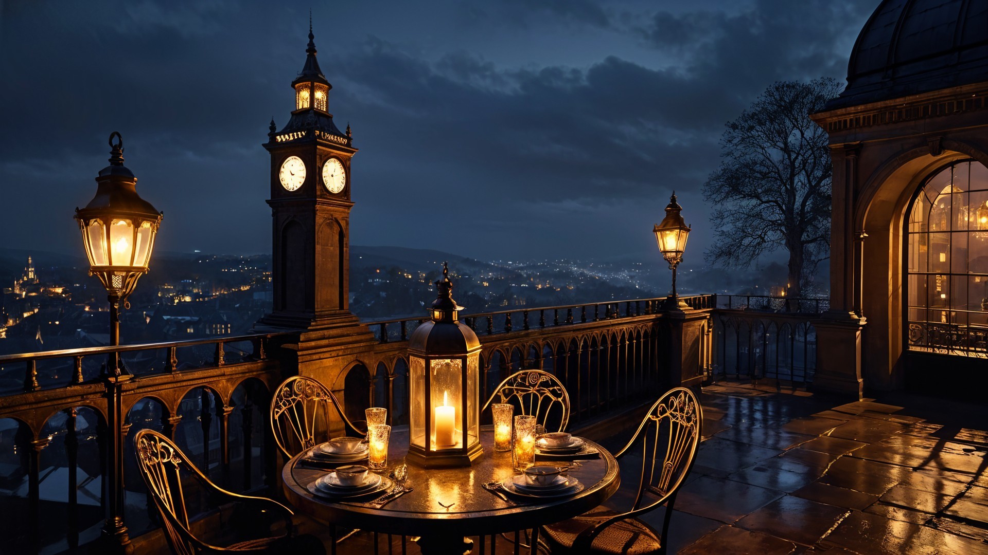 Romantic Rooftop Terrace with Cityscape View at Night