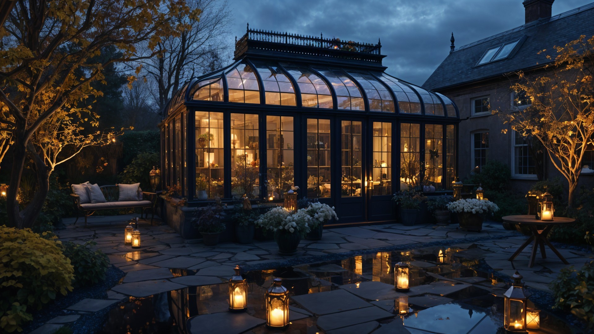 Illuminated Glass Conservatory in Twilight Garden