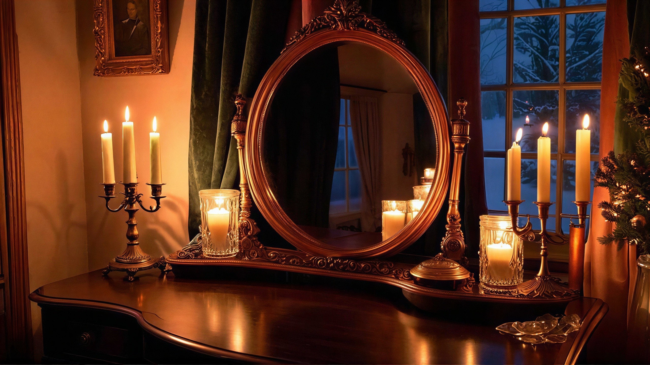 Ornate Wooden Dressing Table with Mirror and Candles