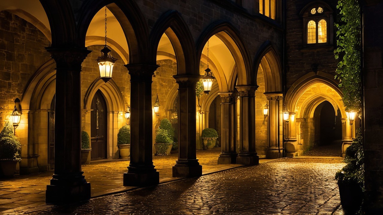 Serene Evening Scene in a Stone-Walled Courtyard