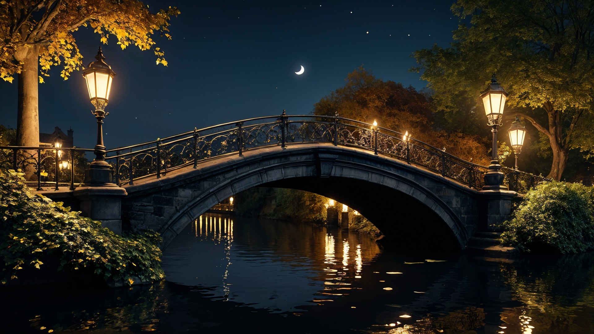 Stone Bridge Over Waterway Under Starry Night Sky