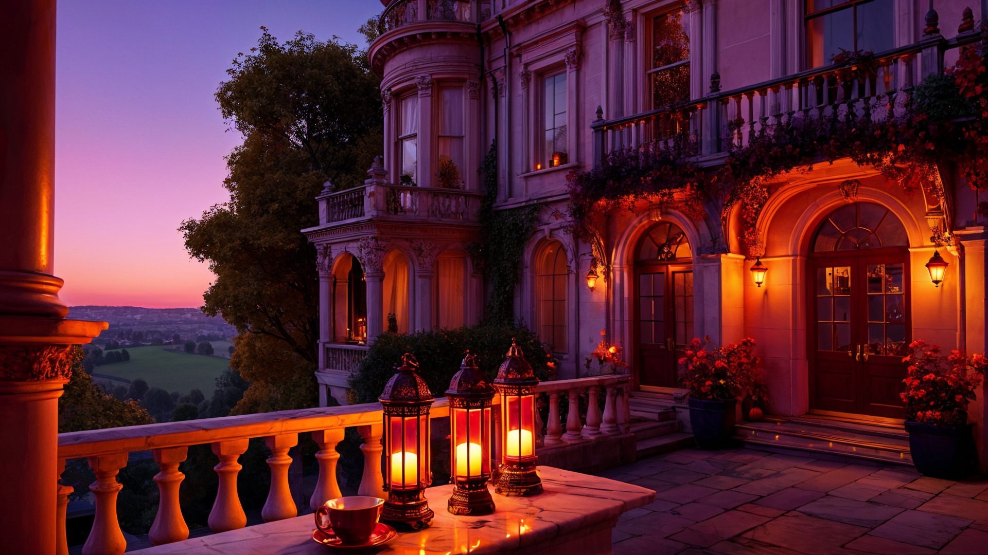Elegant mansion at twilight with warm lantern glow