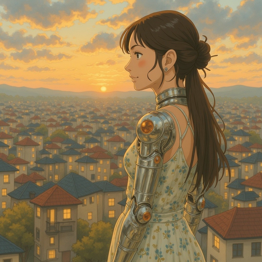 Young woman in floral dress on rooftop at sunset