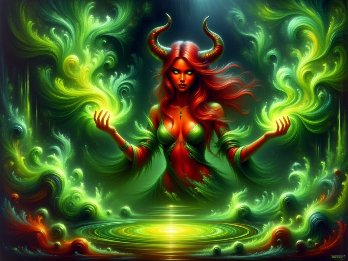 Mystical Figure with Red Hair in Ethereal Landscape