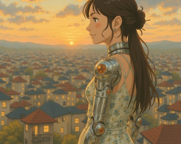 Young woman in floral dress on rooftop at sunset