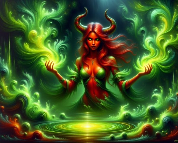 Mystical Figure with Red Hair in Ethereal Landscape