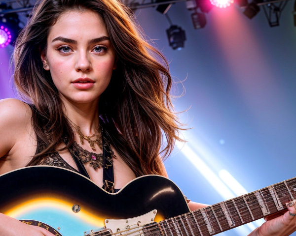 Young woman with electric guitar in vibrant stage setting