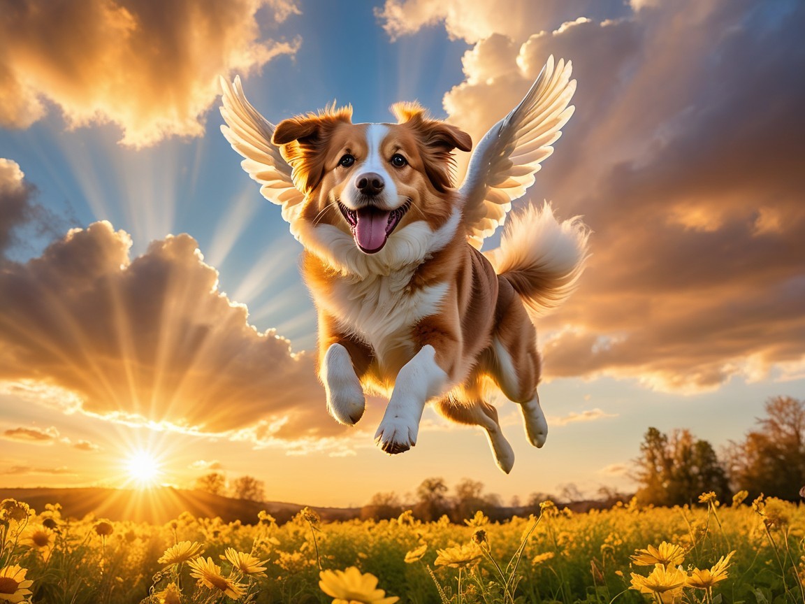 Joyful Dog with Wings in a Flower Field at Sunset