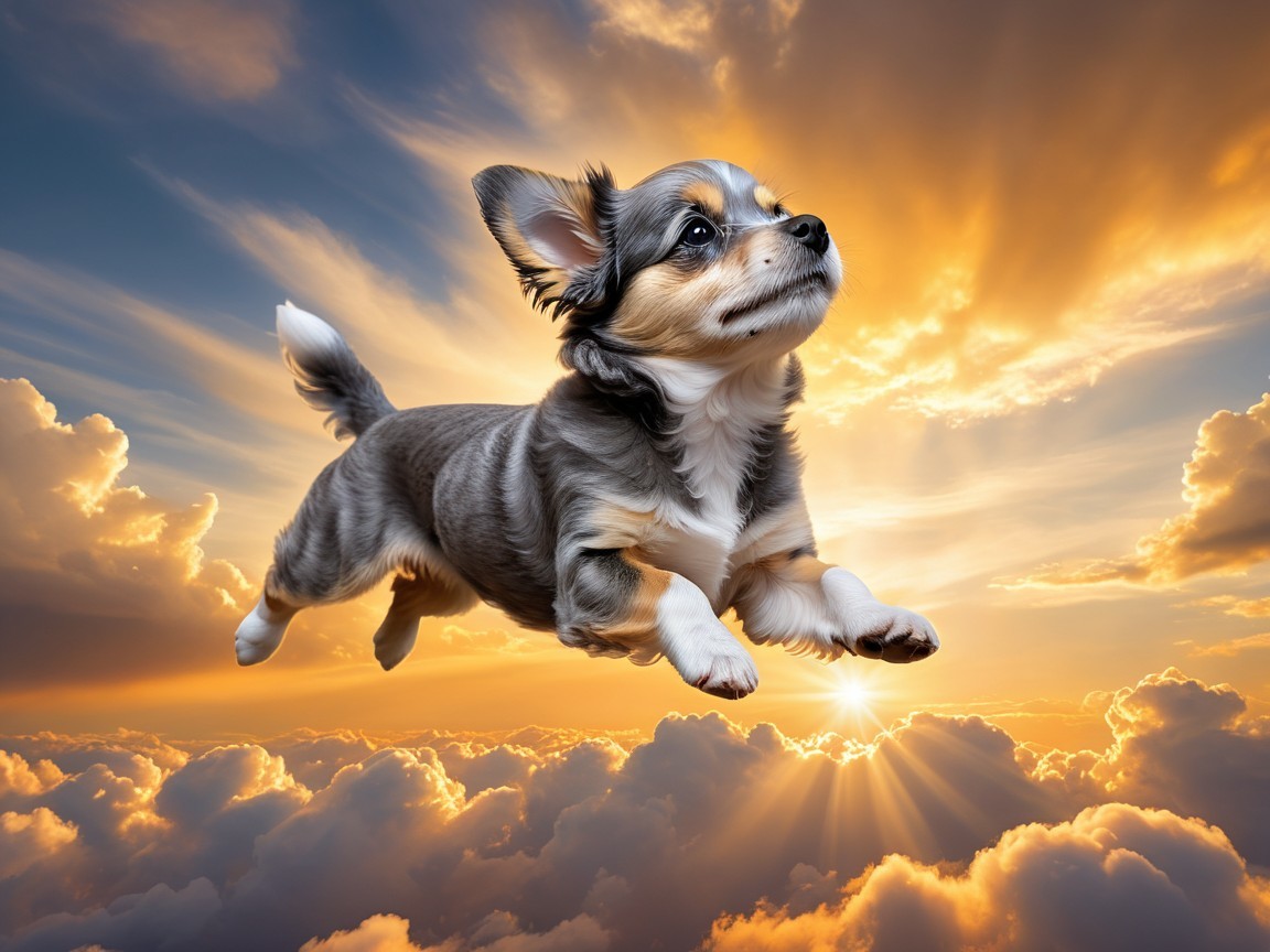 Playful dog leaps through vibrant sunset clouds