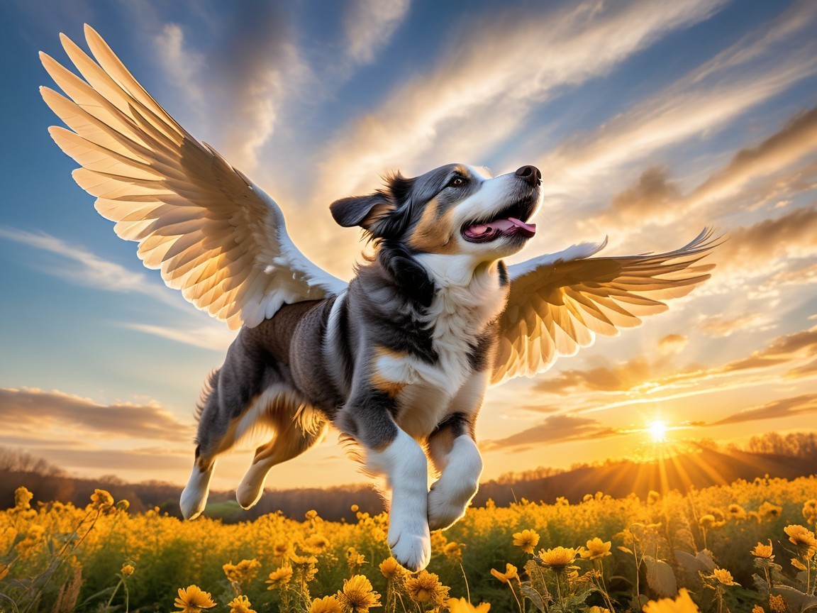 Majestic Dog with Wings in Vibrant Landscape