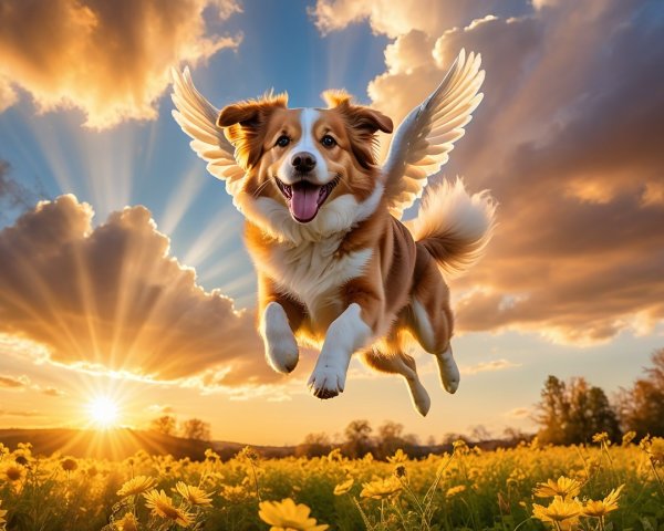 Joyful Dog with Wings in a Flower Field at Sunset