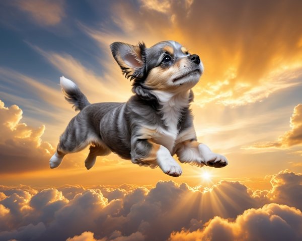 Playful dog leaps through vibrant sunset clouds