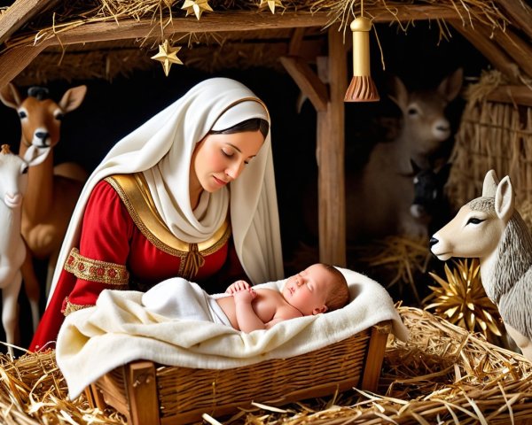 Nativity Scene with Mary, Baby Jesus, and Statues