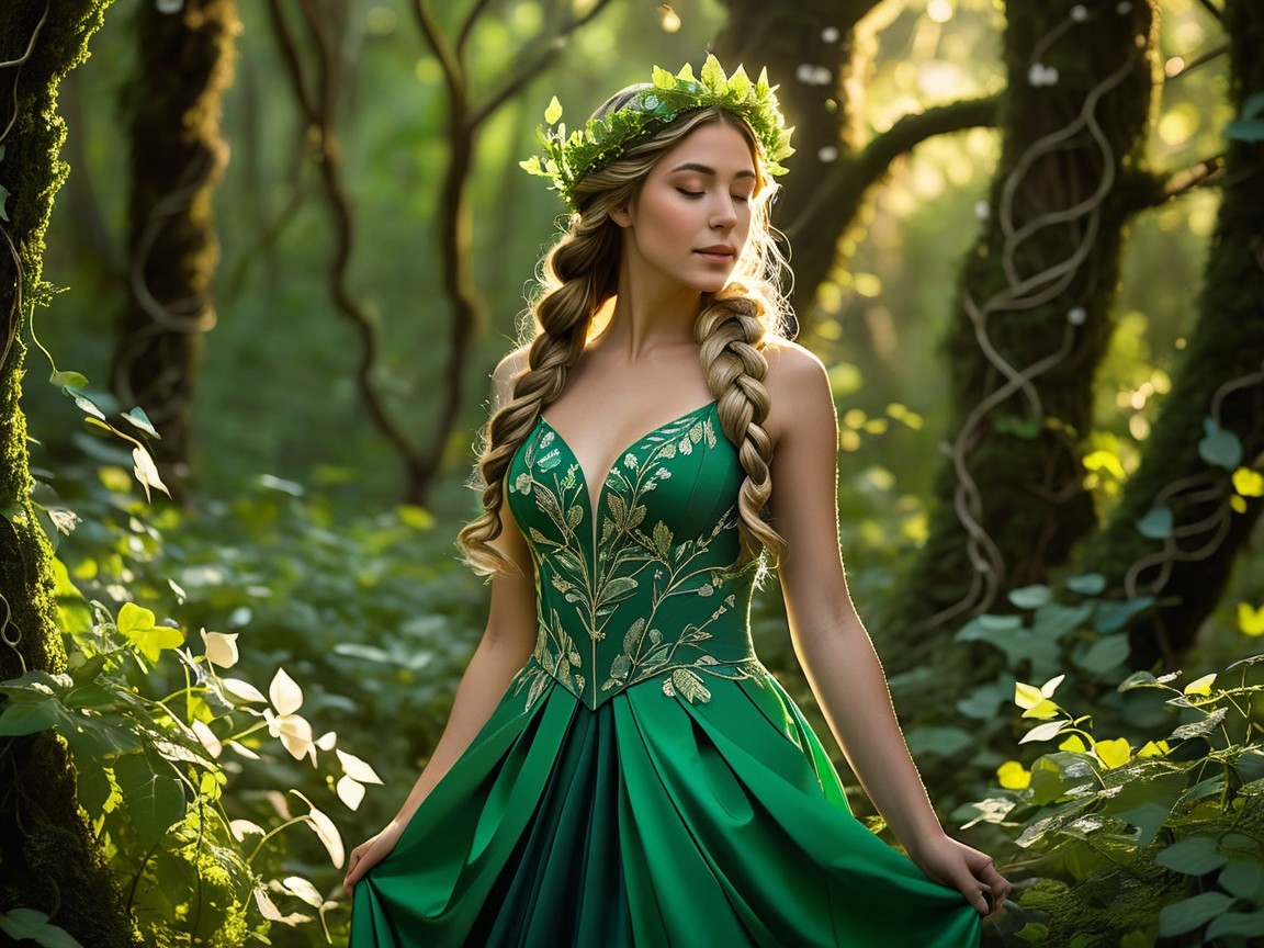 Serene figure in vibrant gown in enchanting forest