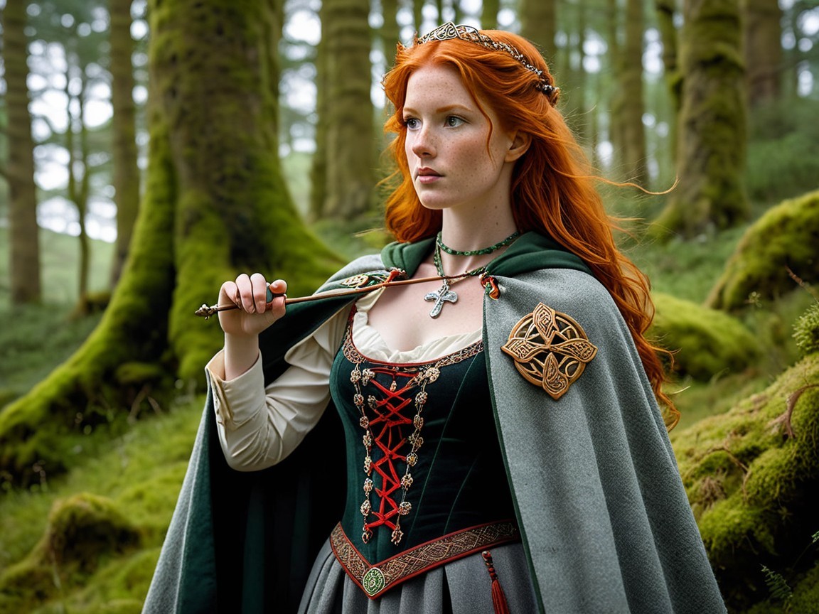 Young woman in medieval gown in lush forest setting