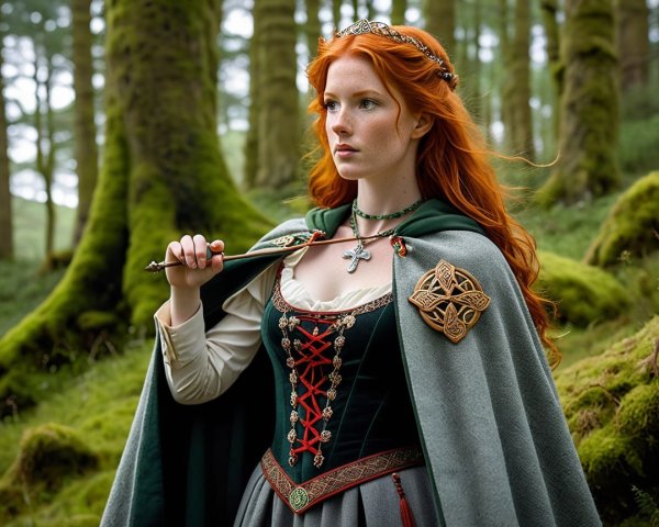 Young woman in medieval gown in lush forest setting