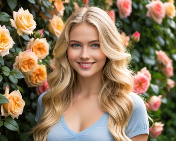 Young woman with blonde hair in rose garden setting