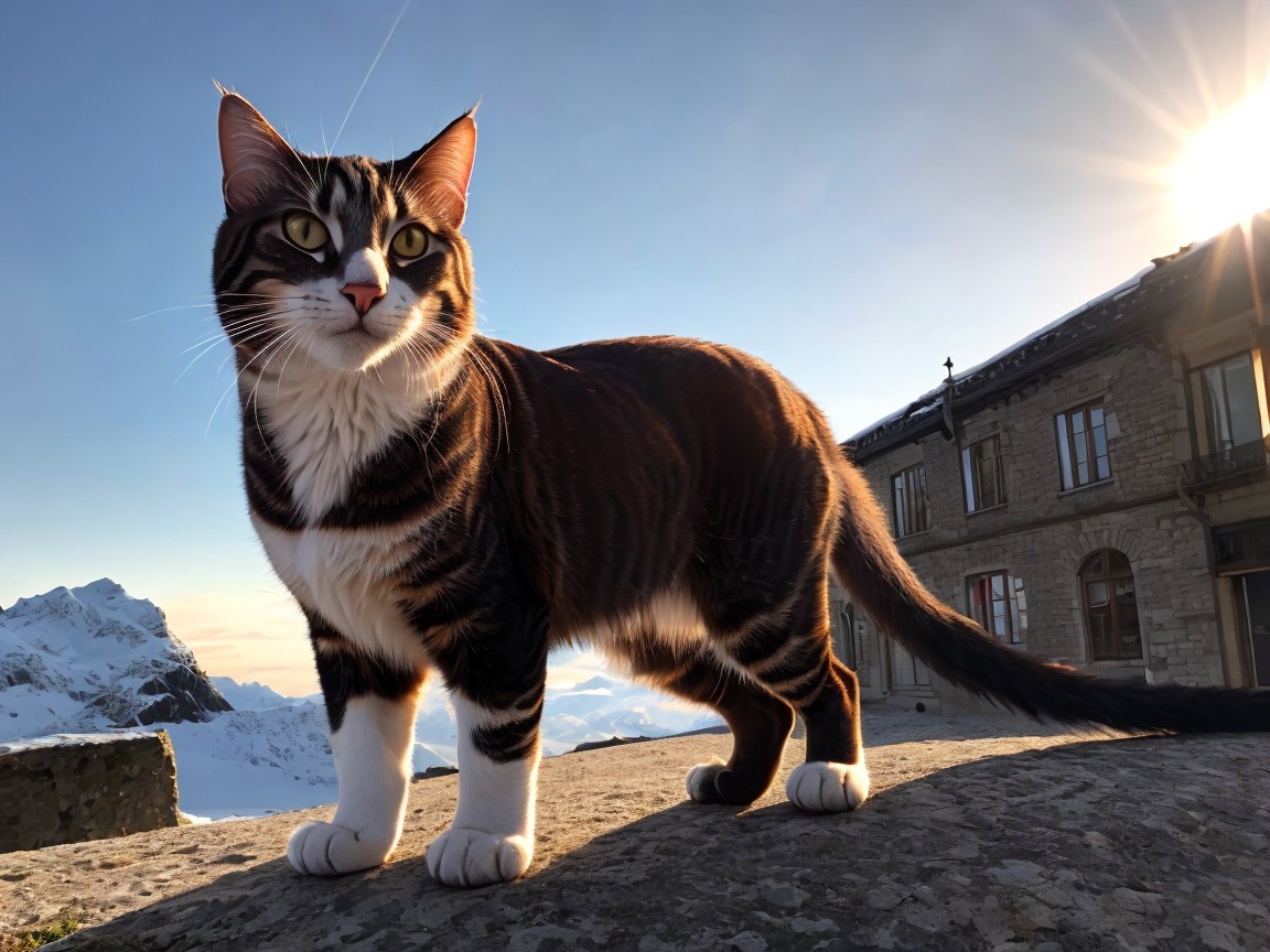 Tabby Cat on Rocky Ledge with Mountain Sunrise