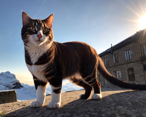 Tabby Cat on Rocky Ledge with Mountain Sunrise
