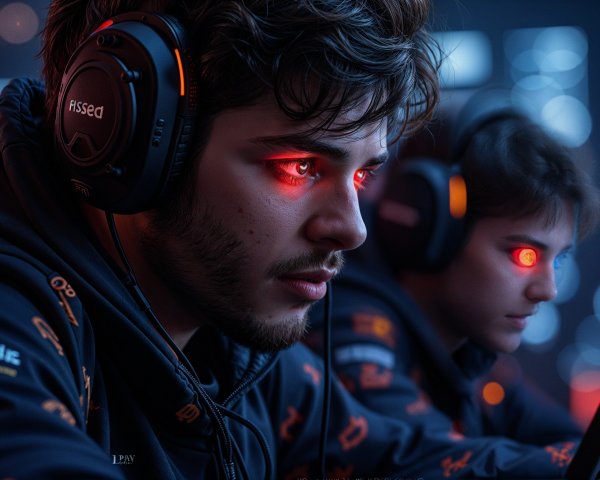 Intense esports players in a vibrant gaming environment