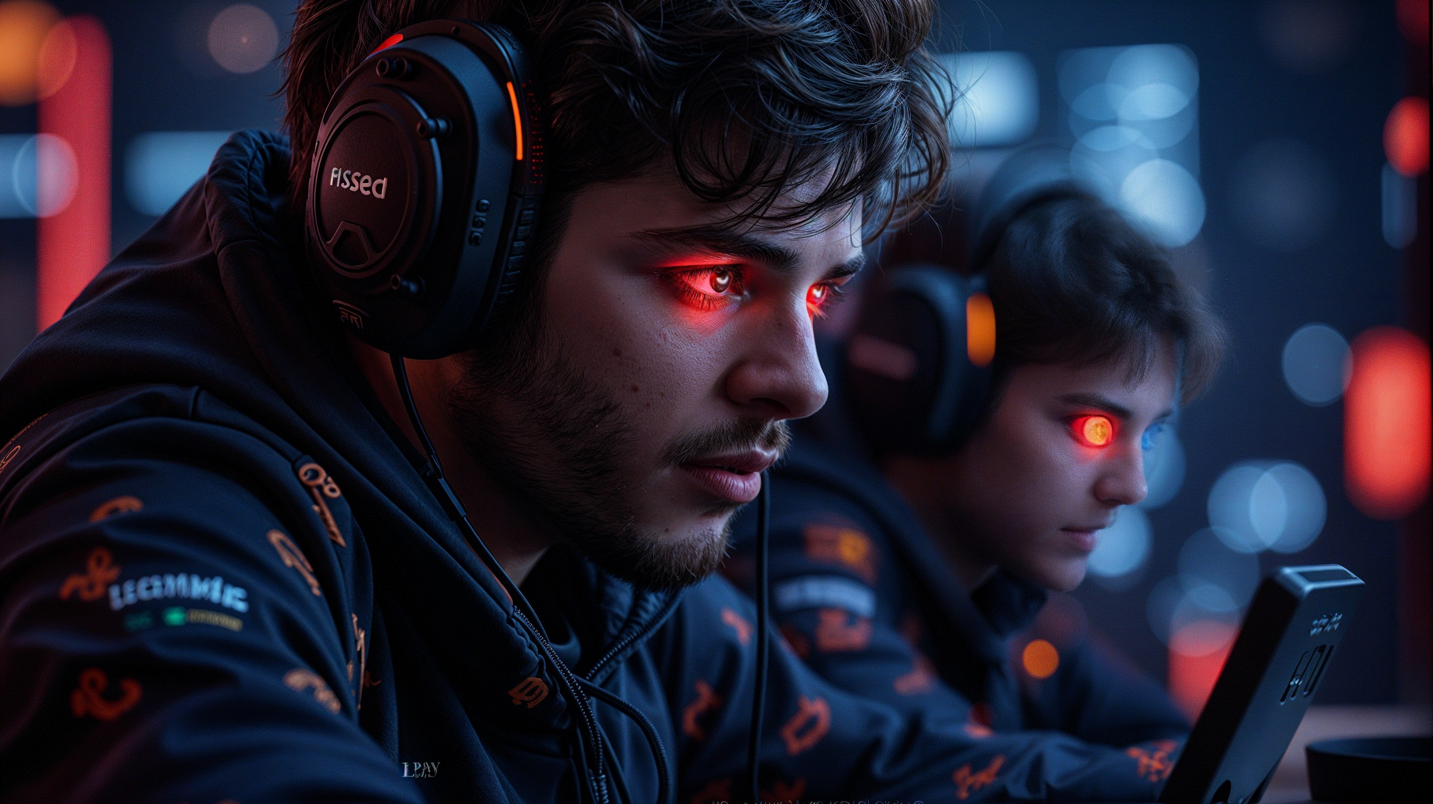 Intense esports players in a vibrant gaming environment