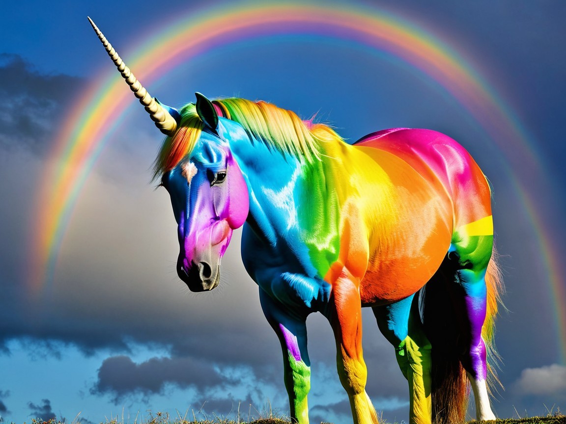 Unicorn with Rainbow Background in Whimsical Scene