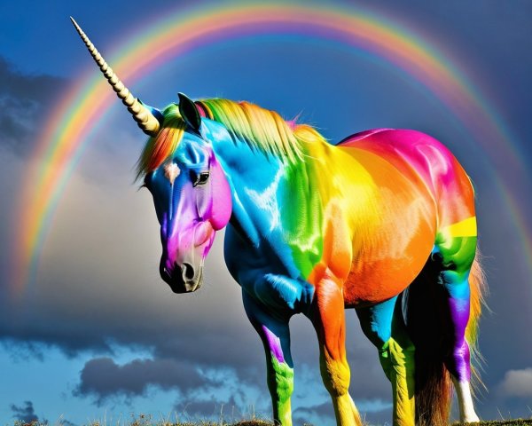 Unicorn with Rainbow Background in Whimsical Scene