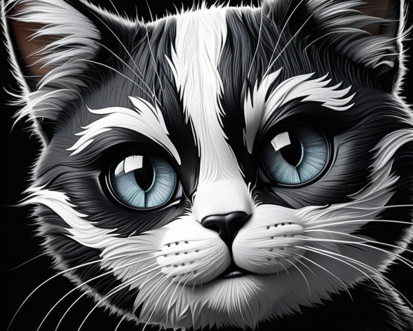 Illustration of a Cat with Black and White Fur and Blue Eyes