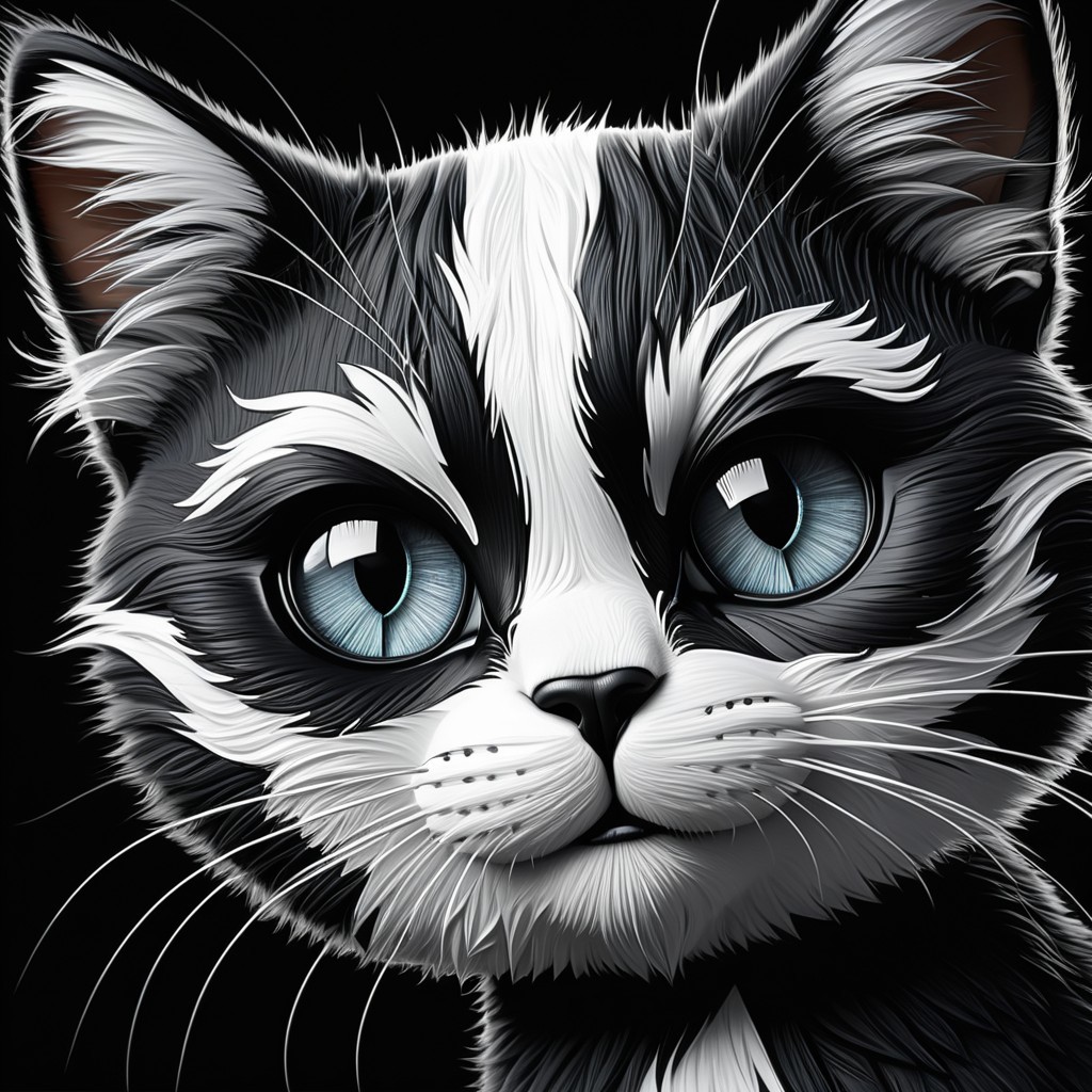 Illustration of a Cat with Black and White Fur and Blue Eyes