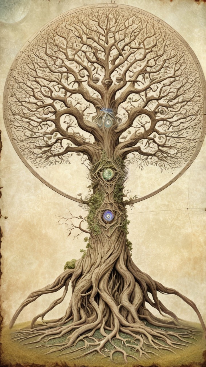 Majestic tree with glowing orbs and textured background