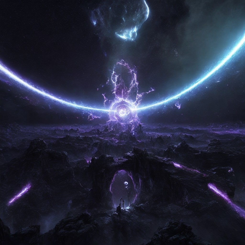 Cosmic Landscape with Purple Hues and Celestial Vortex