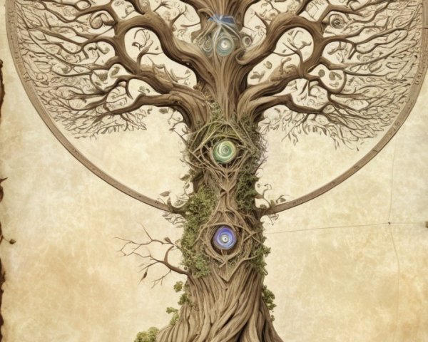 Majestic tree with glowing orbs and textured background