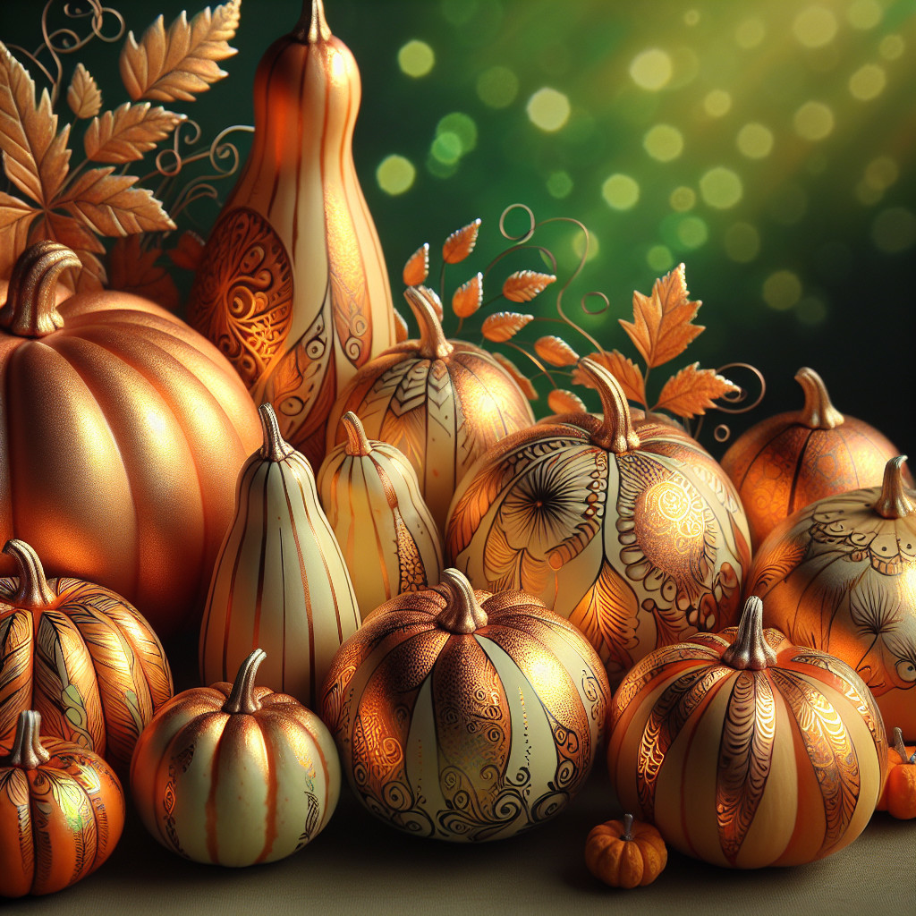 Intricately Designed Pumpkins on Green Background