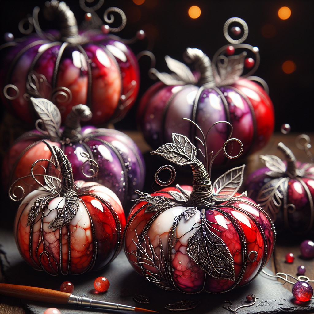 Decorative Pumpkins in Red and Purple with Accents