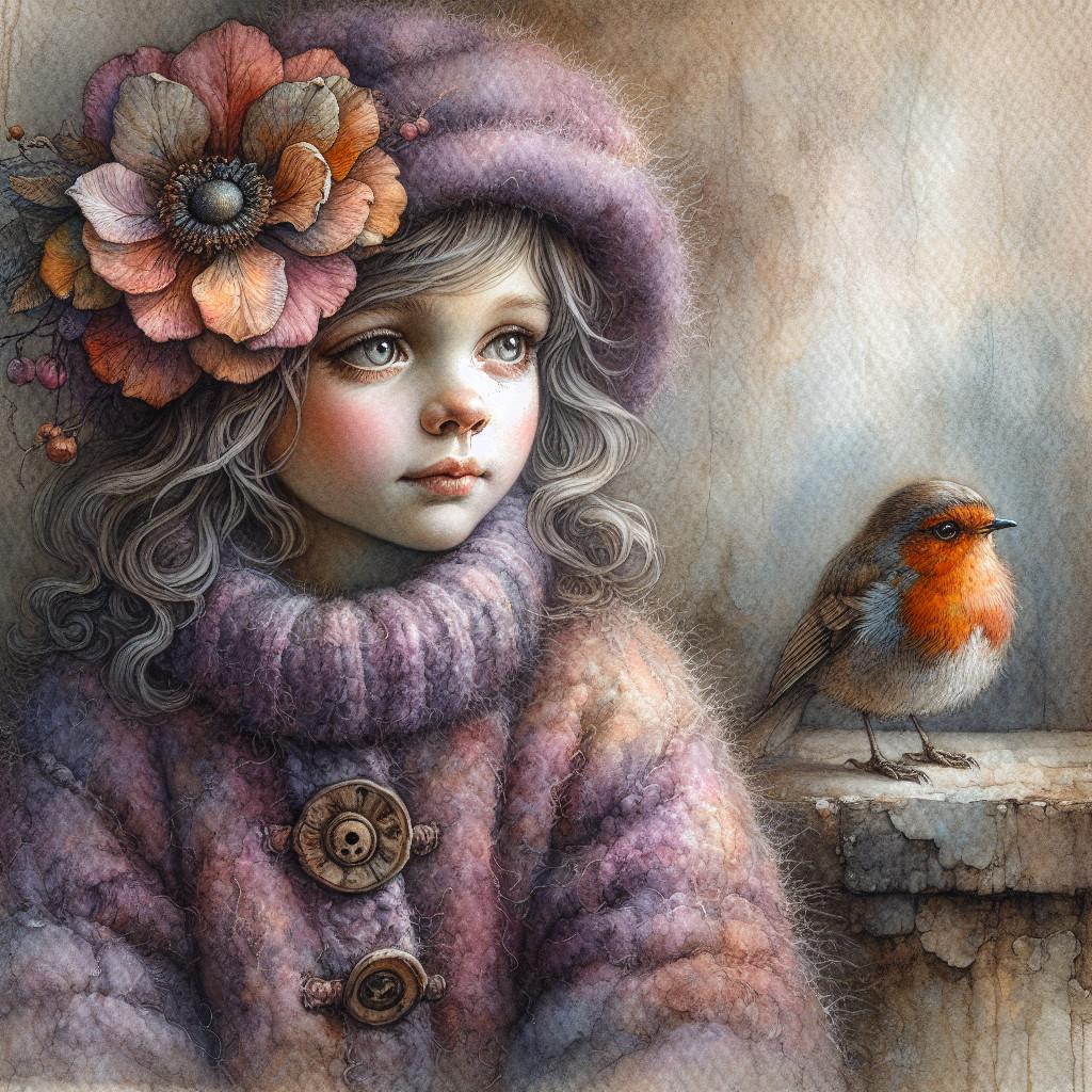 Young girl in pastel sweater with robin companion