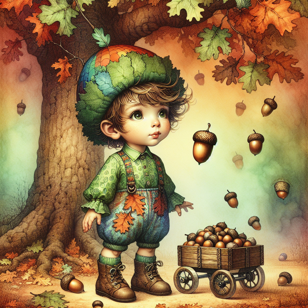 Whimsical Autumn Scene with Boy and Falling Acorns